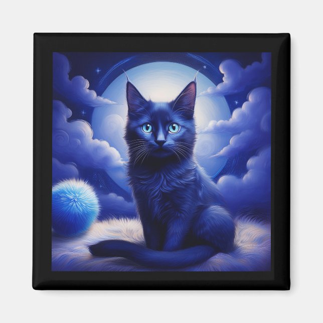 Svart katt poserar framför månen och vita moln magnet (Framsidan)