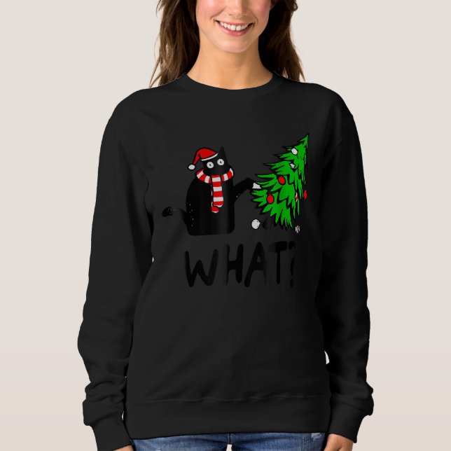 Svart katt present som knuffar julgran över katt v t shirt (Framsida)