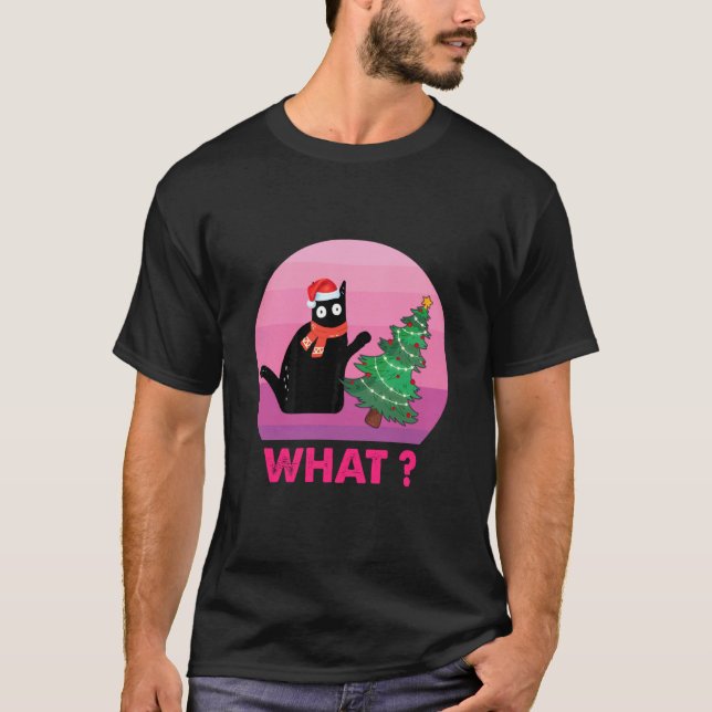 Svart katt Presente Trycker omkull Julgran katt Wh T Shirt (Framsida)