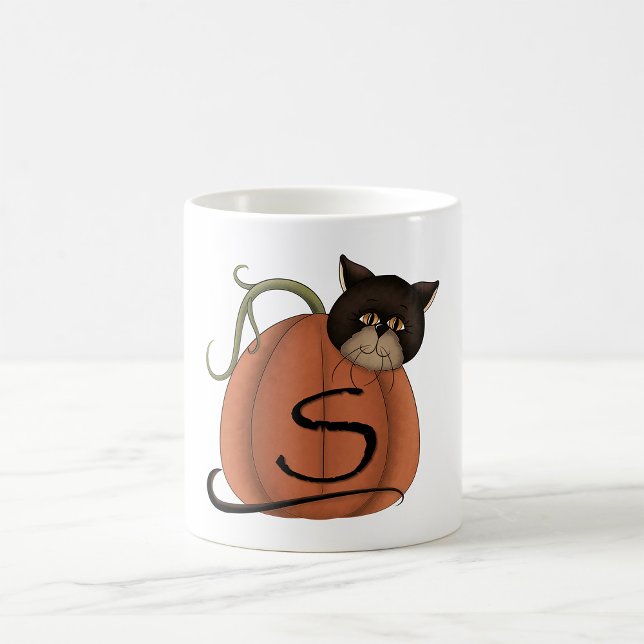Svart Katt Pumpa Bokstav S Halloween Kaffemugg (Skapare uppladdad)