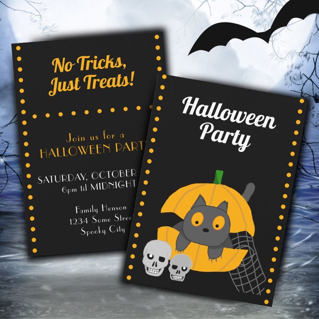 Svart Katt Pumpa Döskallar Barn Halloweenfest Inbj Inbjudningar (Skapare uppladdad)