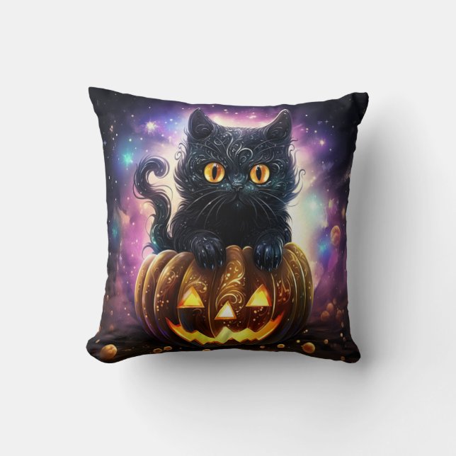 Svart Katt Pumpa Galaxy  Kudde (Framsida)