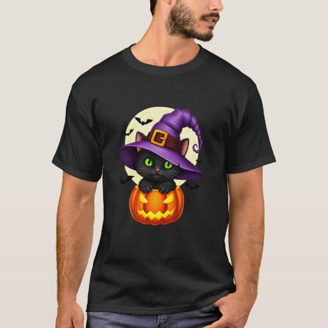 Svart Katt Pumpa Halloween Kostym Höst Autumn Se T Shirt (Framsida)