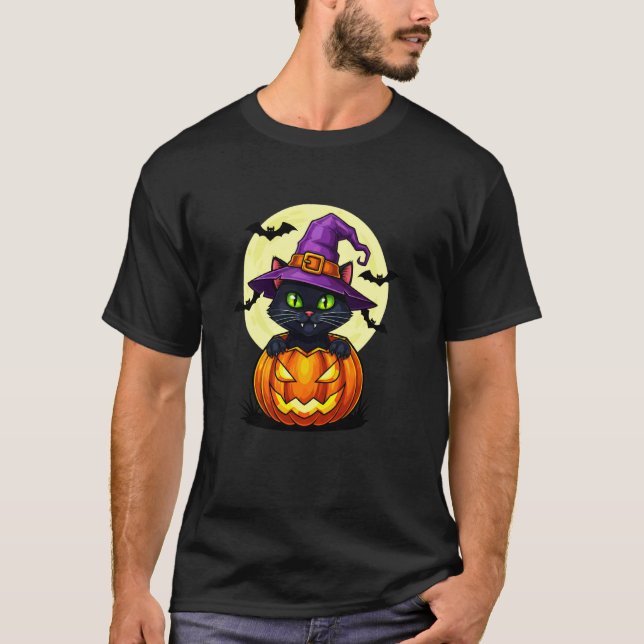 Svart Katt Pumpa Halloween Kostym Höst Autumn Se T Shirt (Framsida)