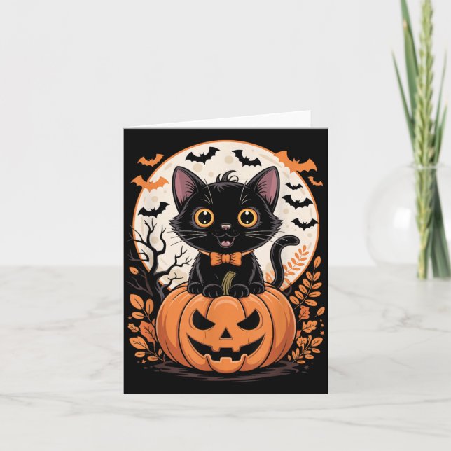 Svart Katt Pumpa Halloween Kostym Höst Kort (Framsida)