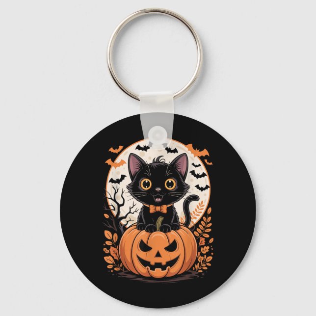 Svart Katt Pumpa Halloween Kostym Höst Nyckelring (Framsida)