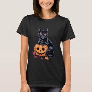 Svart Katt Pumpa Halloween Kostym Retro Höst Autum T Shirt