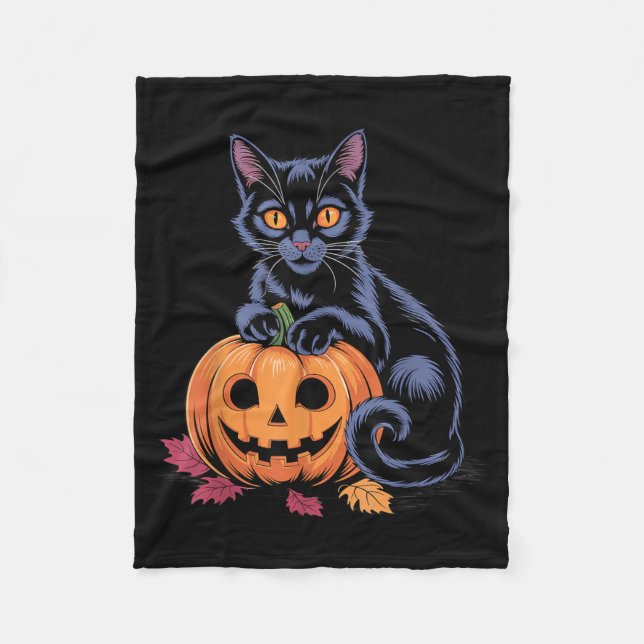 Svart Katt Pumpa Halloween Kostym Retro Höst Fleecefilt (Framsidan)