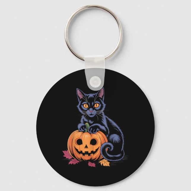 Svart Katt Pumpa Halloween Kostym Retro Höst Nyckelring (Framsida)
