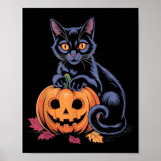Svart Katt Pumpa Halloween Kostym Retro Höst Poster (Framsidan)