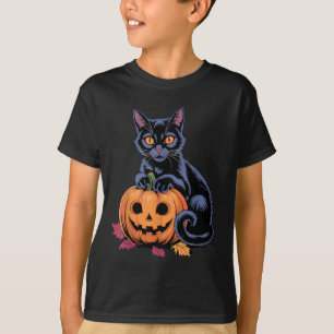 Svart Katt Pumpa Halloween Kostym Retro Höst T Shirt