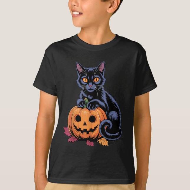 Svart Katt Pumpa Halloween Kostym Retro Höst T Shirt (Framsida)