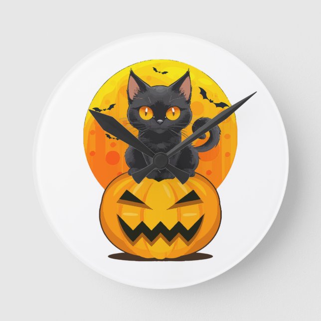 Svart Katt Pumpa Halloween Kostym  Rund Klocka (Framsida)