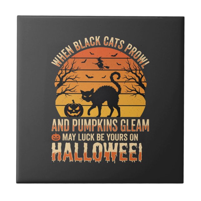 Svart Katt Pumpa Halloween Vektor Design Kakelplatta (Framsidan)