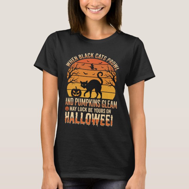 Svart Katt Pumpa Halloween Vektor Design T Shirt (Framsida)