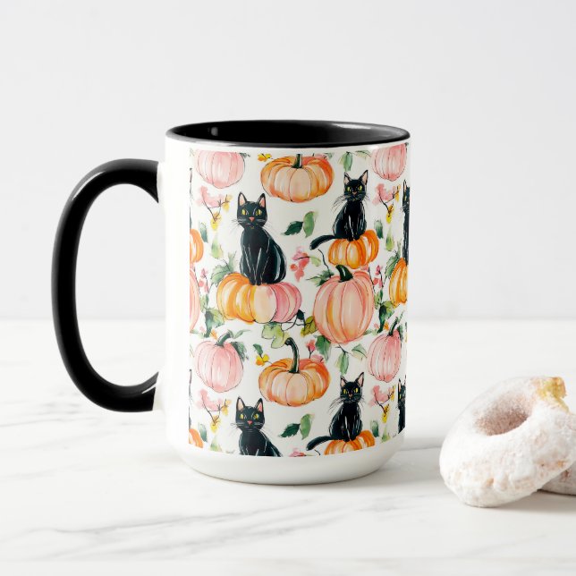 Svart katt & pumpa höstspöklik Halloween-kaffe  Mugg (Med munk)