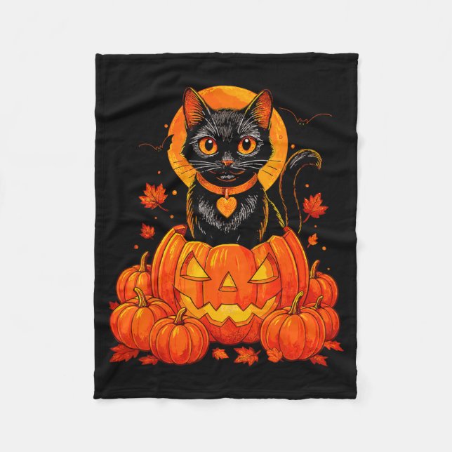 Svart Katt Pumpa Månad Halloween Höst Fall Fleecefilt (Framsidan)