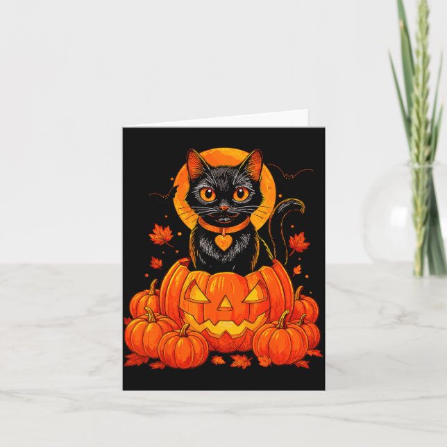Svart Katt Pumpa Månad Halloween Höst Fall Kort (Framsida)