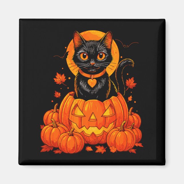 Svart Katt Pumpa Månad Halloween Höst Fall Magnet (Framsidan)