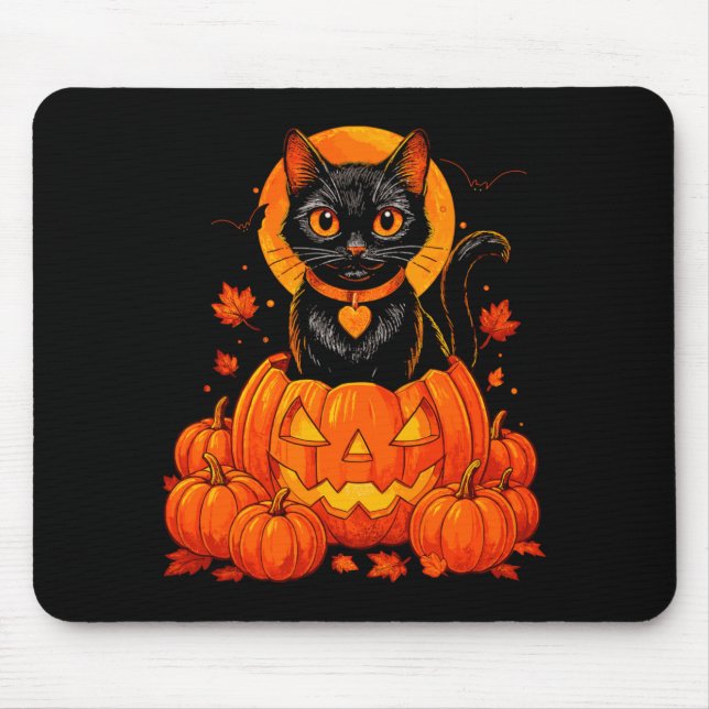Svart Katt Pumpa Månad Halloween Höst Fall Musmatta (Framsidan)
