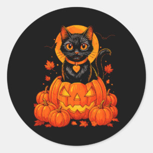 Svart Katt Pumpa Månad Halloween Höst Fall Runt Klistermärke