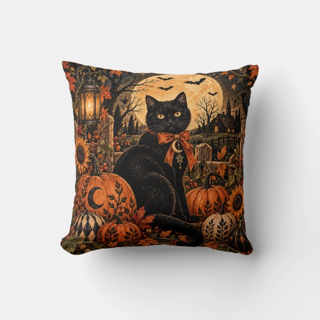 Svart Katt Pumpa Månad Halloween Kudd Kudde (Framsida)