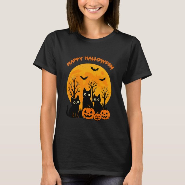Svart Katt Pumpa Måne Fladdermöss Glad Halloween K T Shirt (Framsida)