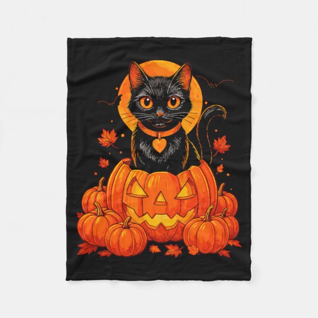 Svart Katt Pumpa Måne Halloween Höst Fall Fleecefilt (Framsidan)