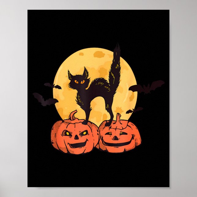 Svart Katt Pumpa Måne Halloween Kostym Katt Älskar Poster (Framsidan)