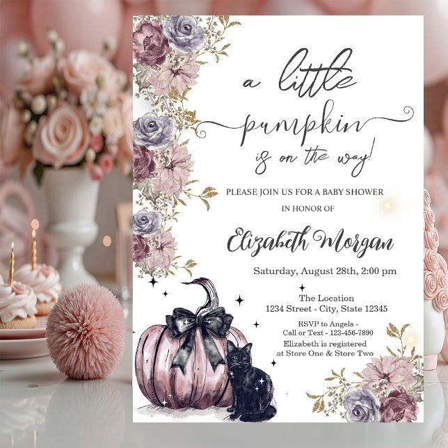 Svart Katt Pumpa med blommor och band Babyfirande  Inbjudningar (Skapare uppladdad)