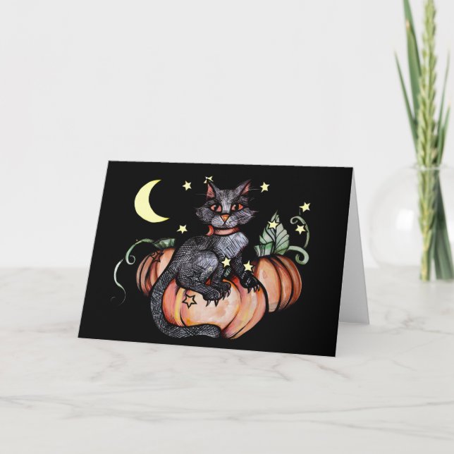 Svart Katt Pumpa Patch Måne                       Kort (Framsida)