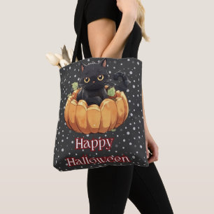 Svart Katt Pumpa Prickar Svart Gott Halloween Tygkasse