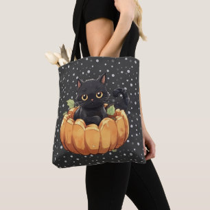Svart Katt Pumpa Prickar Svart Halloween Tygkasse