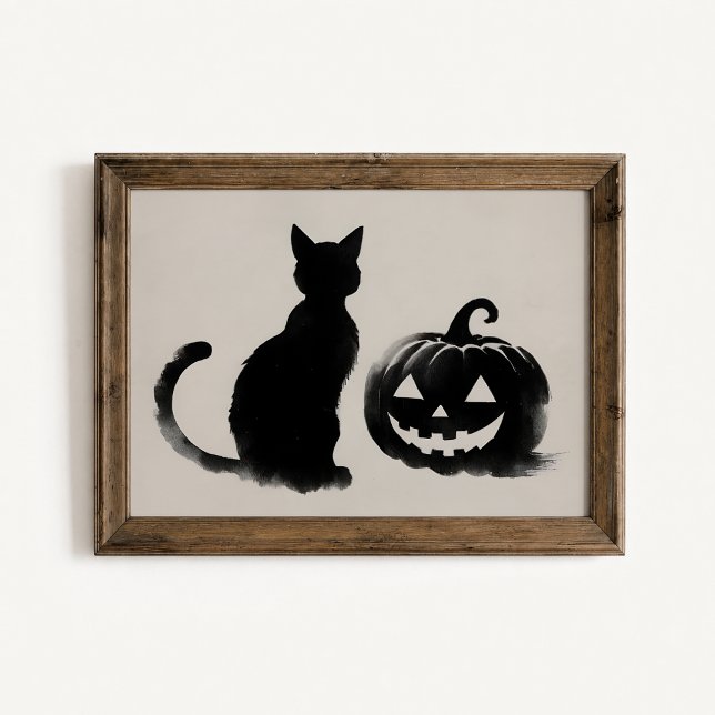 Svart Katt Pumpa Silhuett Affisch (Black Cat Pumpkin Poster - close-up view (frame/decor not included))