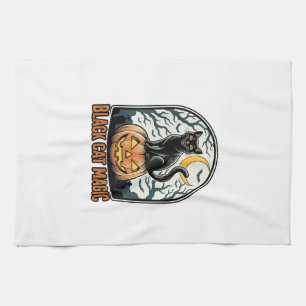 Svart Katt Pumpa Vintage Halloween Gravyr_1 Kökshandduk