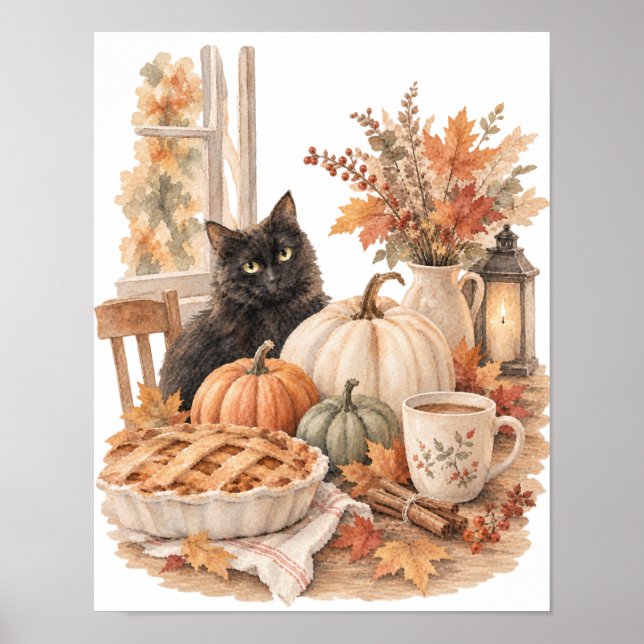 Svart Katt Pumpapaj Vintage Höst Kök Poster (Framsidan)