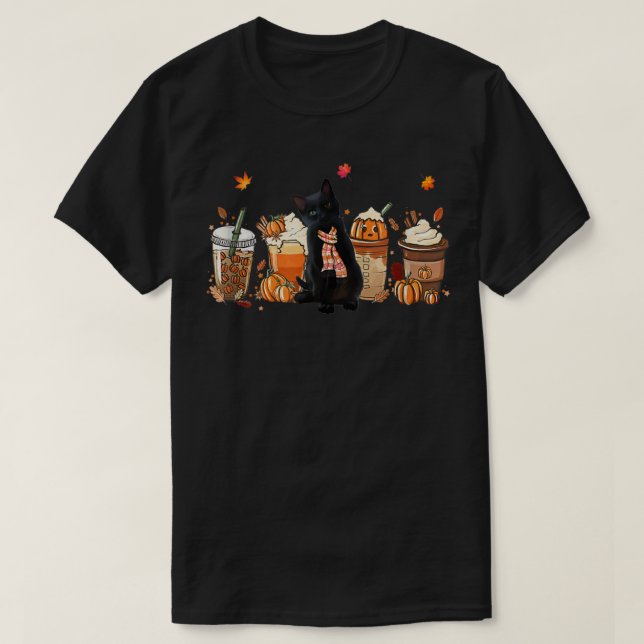 Svart katt Pumpkin Latte Fall Coffee höstsäsong T Shirt (Design framsida)
