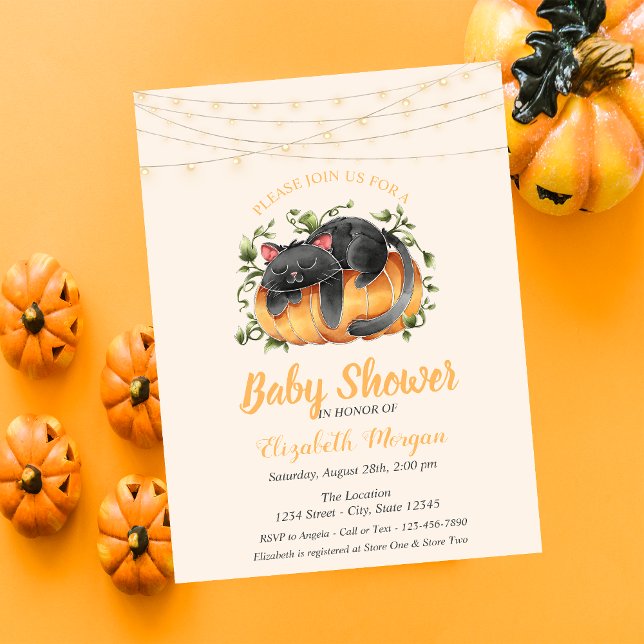 Svart katt,Pumpkin, String Ljus,Dots Baby Shower Inbjudningar (Skapare uppladdad)