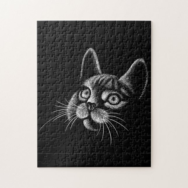Svart katt pussel (A jigsaw puzzle featuring a black background with a white sketch of a cat's head. )
