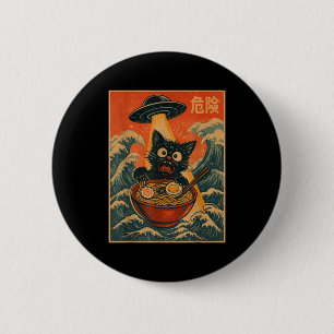 Svart Katt Ramen Alien Ufo Rolig Japansk Kawaii An Knapp