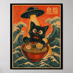 Svart Katt Ramen Alien Ufo Rolig Japansk Kawaii An Poster