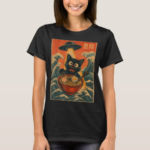 Svart Katt Ramen Alien Ufo Rolig Japansk Kawaii An T Shirt