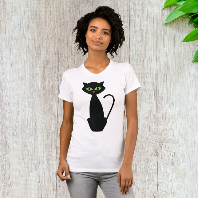 Svart Katt Retro Grönögd Halloween Siluett T Shirt (Skapare uppladdad)