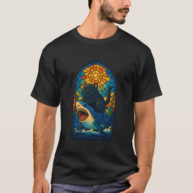 Svart katt ridande haj glasmålning t shirt (Framsida)