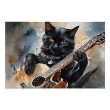 Svart katt Rockstjärna som spelar upp akustiska gi