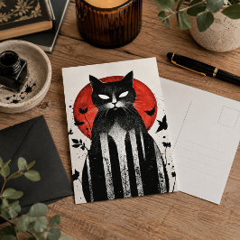 Svart katt röd måne gotisk Halloween-konst Vykort