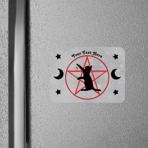 Svart katt röd pentagram svarta månar stjärnor grå magnet