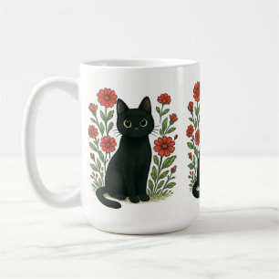 Svart Katt & Röda Blommor Mugg