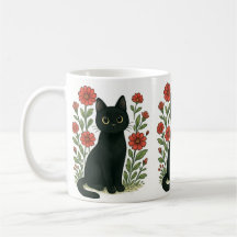 Svart Katt & Röda Blommor Mugg