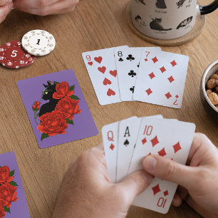Svart katt röda rosor lila casinokort